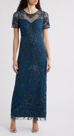 Pisarro Nights Illusion Beaded Mesh Column Gown in Peacock at Nordstrom, Size 4