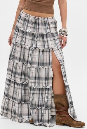 BDG Nova Tiered Gauze Midi Skirt in Grey Check at Nordstrom, Size X-Small