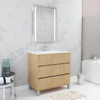 Aurlane Aurlane - Pack Mueble De Ba&ntilde;o 80cm Roble Claro 3 Cajones, Lavabo, Espejo 60x80 Con Luz Led Integrada