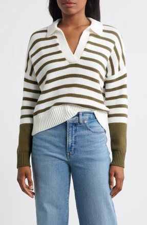 Madewell Dedham Stripe Polo Sweater in Kale And White Strip at Nordstrom Rack, Size Small