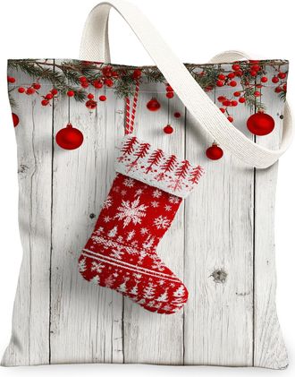Generic Red Stocking Canvas Tote Bags, Christmas Ornament Pattern Reusable Grocery Bags, Winter Rustic Lightweight Washable Shoulde, Red, 13x15 Inch