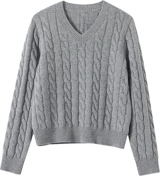 Generic Women V Neck Wool Sweater Solid Color Knit Sweaters Kawaii Cable Long-Sleeve Solid Sweater Gray M