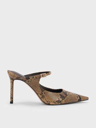 Charles & Keith Snake-Print Buckle-Strap Stiletto-Heel Mules