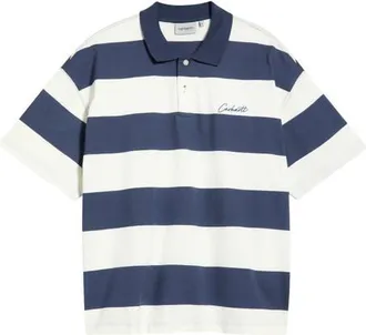 Carhartt Work in Progress Delray Stripe Organic Cotton Jersey Polo in Delray Stripe/blue at Nordstrom, Size Large