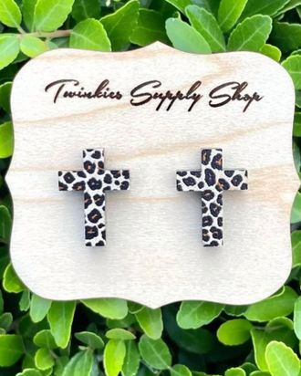 White Label Womens Wooden Leopard Cross Studs Earrings In Black