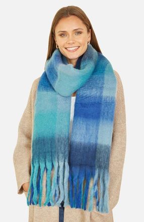 Yumi Check Soft Tassel Scarf in Blue at Nordstrom