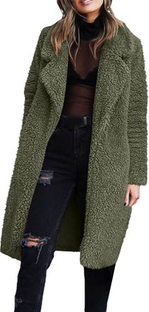 Generic Ladies Fleece Long Jackets Women Sherpa Notched Lapel Warm Coat Autumn Winter Teddy Open Front Cardigans Long Sleeve Casual Loose Jackets Longline The