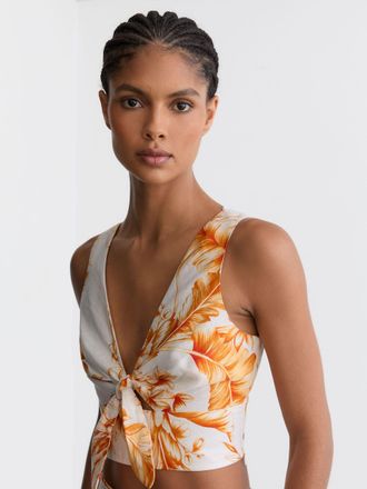 Reiss Linen Floral Print Tie Front Top, 12