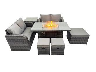 Fimous 7-seater Rattan Garden Furniture Dining Set with 3 Stools Side Table in Dark Grey