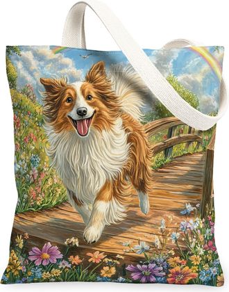 Generic Spring Rough Collie Dog Canvas Tote Bag for Shopping 13x15, Country Garden Puppy Reusable Grocery Print Pattern Bag for Women, Fun Flower Pet Beach Ae