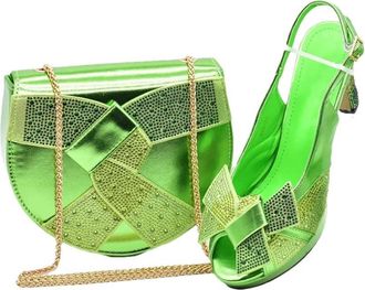 Generic Womens Luxury Shoe and Bag Set Sparkly Rhinestone Crystal Thick Heel Shoes Gold Chain Strap Shoulder Bag