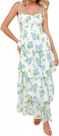Greek Archaic Kori Tiered Maxi Floral Summer Dress In Ivory/blue