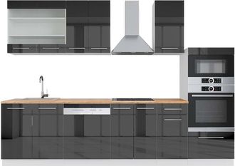 Vicco Mueble De Cocina Fame-line, Antracita Brillo Intenso/blanco, 300 Cm Con Armario Alto, Et Roble