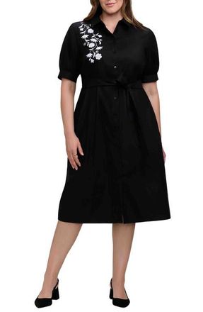 Foxcroft Esther Belted Floral Embroidered Cotton Blend Shirtdress in Black/White at Nordstrom, Size 1 X