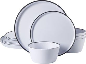 Gibson Home Folsom Shores 12 Piece Melamine Dinnerware Set w/ Black Rim in White at Nordstrom
