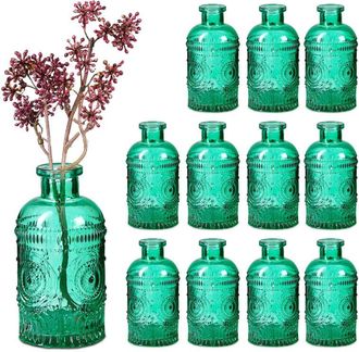 Relaxdays Relaxdays - Glass Vase, Set of 12, for Table Decor, Vintage Design, h: 13x6 cm, Decorative Mini Bottles for Flowers, Green