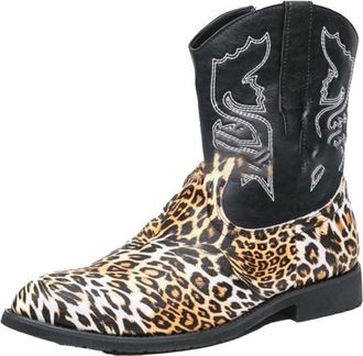 Generic Mens Flat Heel Western Cowboy Boot PU Leather Mid Calf Riding Boots with Embroidered Round Toe Casual Boots,Black,9.5 UK