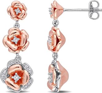 Amour 1/8 CT TGW Created White Sapphire and 1/10 CT TW Diamond Graduated Rose Earrings In Rose Plated Sterling Silver