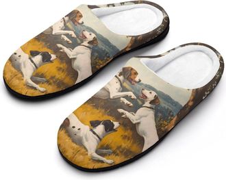 Generic Three English Pointers Dog Slippers Men Winter Warm Cotton Anti-Slip Indoor Slip-Ons House Shoes
