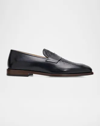 Brunello Cucinelli Men & apos;s Woven Vamp Leather Penny Loafers