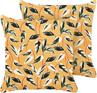 Beliani Conjunto De 2 Cojines De Jard&iacute;n Almohada De Exterior 45 X 45 Cm Poli&eacute;ster Motivo Hojas Multicolor Taggia