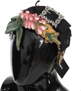 Dolce & Gabbana Womens Multicolor Tiara Floral Crystal Bow Diadem Headband Black Elastane Accessory