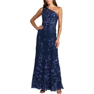 Mac Duggal Petite One Shoulder Lace Embroidered Gown in Midnight Multi at Nordstrom, Size 10P