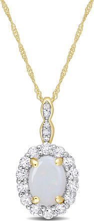 Mimi & Max 1 1/2 CT TGW Oval Shape Opal and White Topaz and Diamond Accent Halo Pendant with Chain in 14K Yellow Gold