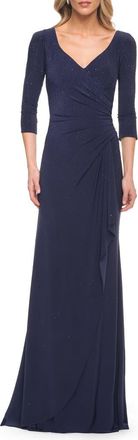 La Femme Elegant Jersey Dress with Ruching and Ruffle Detail in Navy at Nordstrom, Size 16