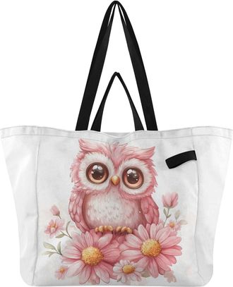 Generic Pink Owl Flowers pattern Reusable Canvas Tote Bag, Heavy Duty Grocery Shopping Bag with Double Handles Hard Bottom Large Capacity Work Groceries Trave