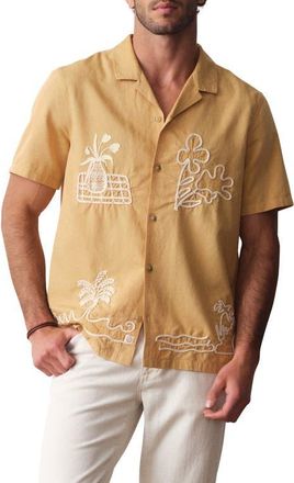 Marine Layer Embroidered Cotton & Linen Resort Shirt in Mustard at Nordstrom, Size Xx-Large
