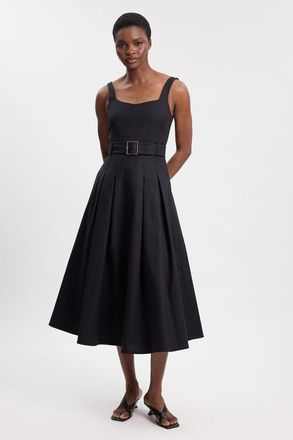 Karen Millen Womens Petite Premium Cotton Tailored Fabric Belted Buckle Midi Dress - Black - Size 12 UK