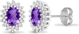 Jewelco London 9ct White Gold Diamond Purple Amethyst Cluster Stud Earrings - 9E111