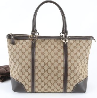 Gucci Brown Leather Canvas Handbag Shoulder Bag Tote Bag (Pre-Owned)