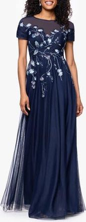 Betsy & Adam Embroidered Sequin Floral Bodice Mesh Gown in Navy/Multi at Nordstrom Rack, Size 6