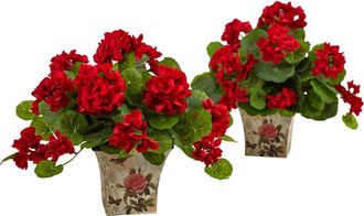 Nearly Natural 11-in Geranium Flowering Artificial Plant with Floral Planter in Red at Nordstrom