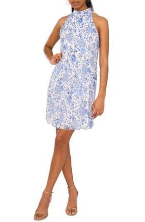 Halogen Floral Mock Neck Sleeveless Pleated Trapeze Dress in Soft Indigo at Nordstrom Rack, Size Medium