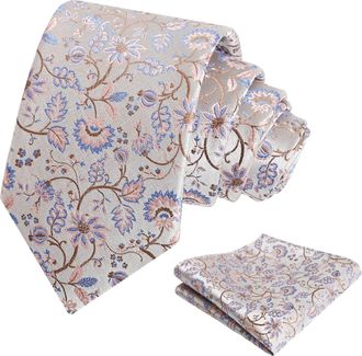 Alizeal Mens 8cm Floral Ties for Men Wedding Party Classic Formal Necktie and Pocket Square Set, Silver+Blue+Pink