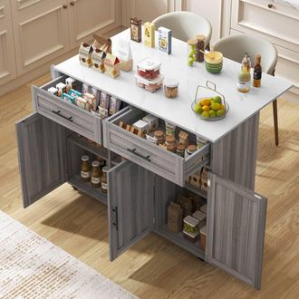 Matteo Grey & White Kitchen Island - Foldable Tabletop, Wheels & Storage