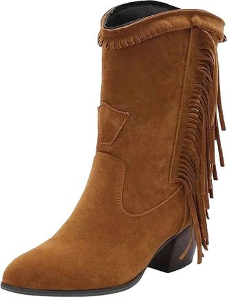 Generic Womens Vintage Mid Calf Booties Pointed Toe High Block Heel Slip-On Design With Tassel Accents For Daily Wear