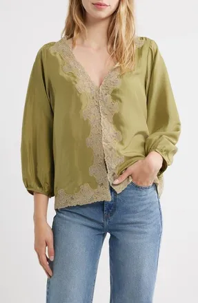 The Great. The Long Sleeve Legacy Silk Top in Light Olive/cream at Nordstrom, Size 1
