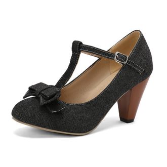 Generic Women Denim T Strap Pumps Round Toe Pointed Heel Bow Decor Adjustable Buckle Ankle Strap Non Slip Durable Comfortable Dress Party Shoes,Black,10.5 UK