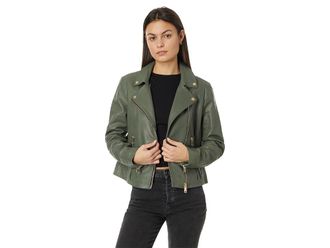 AllSaints Dalby Biker Womens Clothing Deep Sage Green : UK 2 (US Womens 00), Polyester/Leather