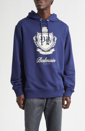 Balmain College Emblem Cotton Graphic Hoodie in Spv Bleu/Beige at Nordstrom, Size Xx-Large