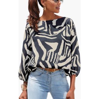 Lascana Womens Boat Neck Balloon Sleeve Blouse in Ivory Navy at Nordstrom, Size 8