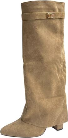 Generic Womens Faux Suede Knee High Fashion Fold Over Block Heel Comfy Boots (Khaki, One Size, UK Footwear Size System, Adult, Women, Numeric, Medium, 6.5)
