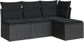 vidaXL Juego De Sof&aacute;s Jard&iacute;n 4 Pzas Con Cojines Rat&aacute;n Sint&eacute;tico Negro Vidaxl