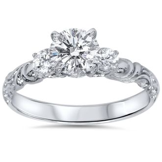 Pompeii3 3/4ct Vintage 3 Stone Diamond Engagement Ring 14K White Gold Size Selectable