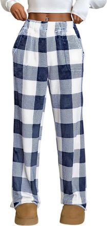 Generic Womens Plush Fleece Lounge Pants, High-Waisted Drawstring Pyjama Bottoms with Pockets | Soft Flannel Check & Solid Fleece Trousers for Ladies Homewear