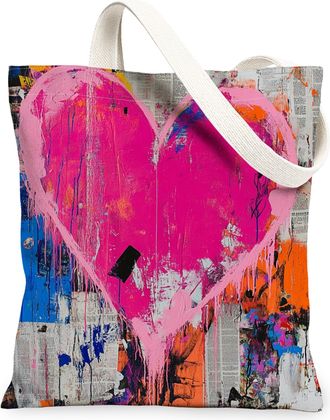 Generic Artistic Heart Canvas Tote Bags, Modern Colorful Design Reusable Grocery Bags, Lightweight Washable Shoulder Strap Canvas for Travel Beach Picnic 13x1